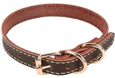 DIPZO Verstellbares Echtleder-Hundehalsband für kleine Hunde, Robustes und Weiches Halsband mit Metallschnalle, Braun (S)