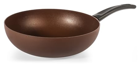 H&H Wok Ground Ø28 cm Marrone in Alluminio – Rivestimento Antiaderente Pfluon, Fondo per Induzione, Superficie Ruvida per Cottura Uniforme