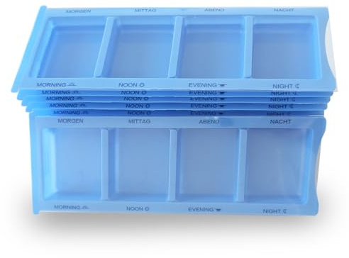 10 blaue XL Medikamentendispenser – Tablettenbox mit großen Fächern (Morgen, Mittag, Abend, Nacht) – Pillenbox Tagesdispenser mit Blindenschrift, Deutsch/Englisch, 10er Set (blau)