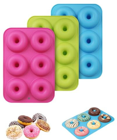 3 Pieces Silicone Donut Moulds, 24.5x16.5x2cm Silicone Doughnut Baking Mould with 6 Cavity Molds, Non-Stick, BPA Free, Doughnut Tray for Donuts, Cakes, Bagels Biscuit and Snacks (Blue,Red,Green)