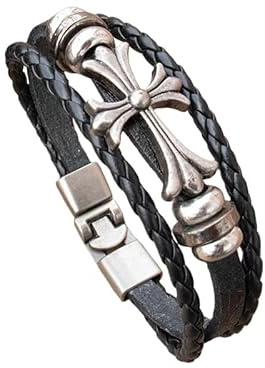 Generico Bracciale Pelle Uomo,Bracciale In Pelle Intrecciato A Mano Multistrato, Leggero, Di Lusso, Con Design Retrò E Fibbia In Lega A Croce, Gioielli Energetici Per Donne E Uomini, Nero