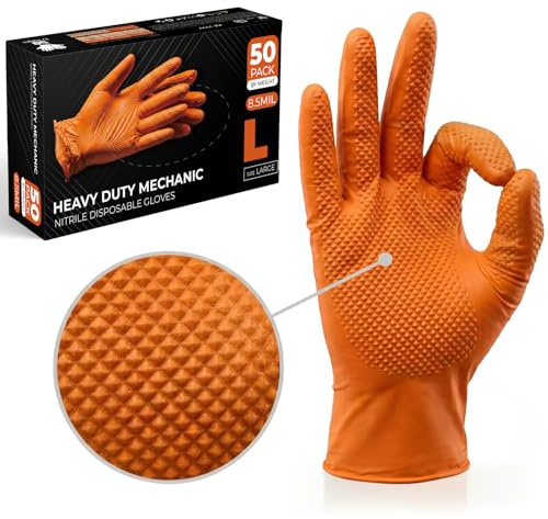 The Real Touch Nitrile Gloves, 50 Count, Heavy-Duty Disposable Mechanic Gloves, Diamond Textured, Latex & Powder-Free, Non-Slip, Extra Thick, Ideal for Automotive, Industrial Tasks (Orange - 50, L)
