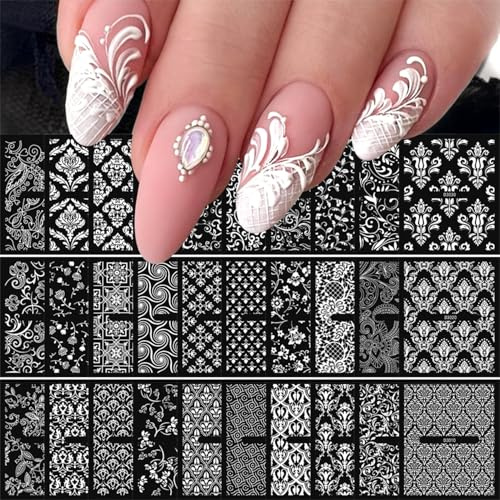 Muorruo 30 Blatt Spitzen-Nagelsticker für Blumen-Nagelkunst, 3D-selbstklebende Nagelaufkleber, weiß, hohle Retro-Blumenranken-Nagelsticker, Design-Spitzenblumen-Nagelzubehör, Weiß