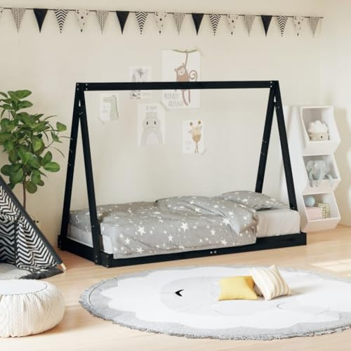 Kinderbett Schwarz aus massivem Kiefernholz 80x160 cm mit Lattenrost, Tipi-Design, stabiles Gitterbett für Kinderzimmer, umbaubar und sicher für Mädchen und Jungen