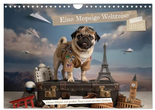 Eine Mopsige Weltreise (Wandkalender 2026 DIN A4 quer), CALVENDO Monatskalender: Möpse entdecken die Welt - Monat für Monat (CALVENDO Tiere)