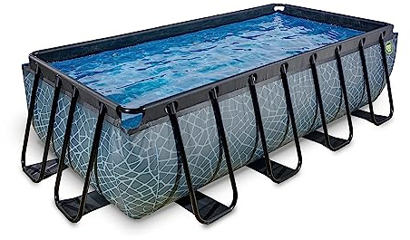 EXIT Toys Aufstellpool Rechteckig 400 x 200 x 100 cm Garten mit Sandfilter | Stone Look, Grau, Stahlrahmen, Sandfilter, Leiter, Sofort einsatzbereit, Wassertiefe 90 cm, 7.020 Liter