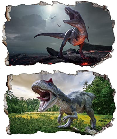 2Pcs Dinosaurier Dino Urzeit T-rex Wandtattoo 3D Effekt XXL Wanddurchbruch Fenster Wandaufkleber für Kinderzimmer Jungenzimmer Groß 1000mmx600mm…