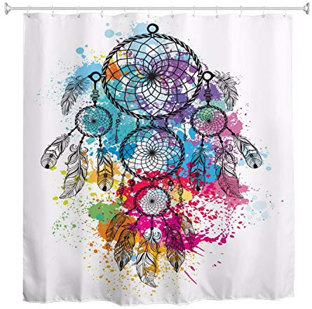 A.Monamour Duschvorhang Bunte Aquarell Splash Stammes-Ethnischen Boho Hippie Dreamcatcher Zeichnung Tattoo Bild Wasserdicht Polyester Duschvorhang Für Bad Badewanne Zubehör 165 X 180 cm / 65 X 72