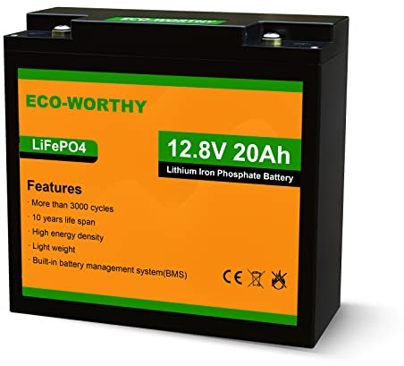ECO-WORTHY 12V 20Ah LiFePO4 Akku Lithiumbatterie wiederaufladbar mit über 3000 Mal Tiefzyklus und BMS-Schutz für Trolling-Motor,Rollstuhl, Solaranlage,Marine,Wohnmobil und Golfwagen