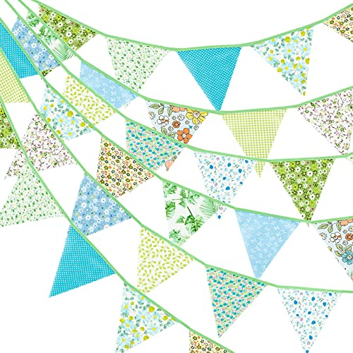 G2PLUS 12M Floral Fabric Bunting Banner,19x21CM Large Reusable Cotton Triangle Flag Garland with 42PCS Decoration Floral Pennants for Garden Tea Wedding Baby Shower Birthday Parties-Green