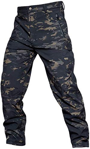 Czen Hombres Táctico Camuflaje Softshell Pantalones Militar Fleece Forrado Multi-Bolsillos Trekking Pantalones Impermeables Engrosados Cálidos Pantalones De Paintball (cp black,L)