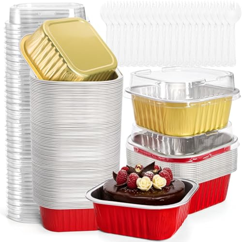 ZEAYEA 60 Pack 300 ml Aluminum Foil Baking Cups with Lids, Disposable Foil Ramekins Cupcake Containers, Cupcake Muffin Liners Cups for Wedding Christmas Birthday Party