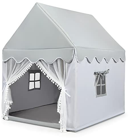 COSTWAY Tente de Jeux Enfant Intérieur Extérieur avec Tapis Antidérapant, Maison de Jeu en Château de Style Princesse en Coton, Cadre en Bois, 120 x 105 x 140 cm, Cadeau pour 4 Garçons et Filles