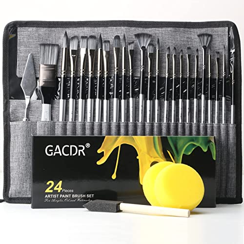 GACDR Acryl Pinsel Set, 24 Stücke Pinselset für Acrylfarben mit Tuch Roll Fall und 2 Schwämme, Paint Brush Aquarellpinsel, Gouache Pinsel, Ölmalerei-Pinsel