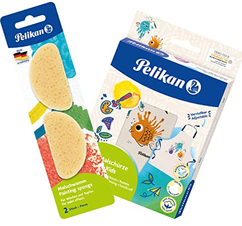 Pelikan Malschwamm 2 Stück + Kindermalschürze mit fröhlichem Motiv aus Baumwolle