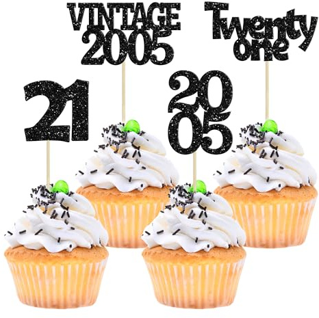 Gyufise 24Pcs 21st Birthday Cupcake Toppers Glitter Twenty-one Vintage 2005 Cheers to 21 Cupcake Picks Hello 21 Years Birthday Cake Decorations for Happy 21st Birthday Anniversary Party Supplies Black