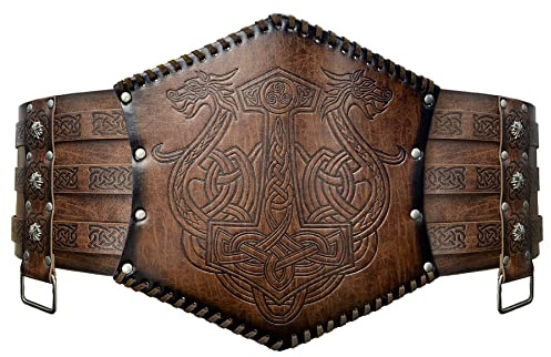 Thajaling Viking Embossed Wide Belt,Medieval Faux Leather Armor Belt,Vintage Knight Corset Belt,Renaissance Belt for Men Women (Brown)