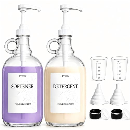 TTDMK 2 Stück Glas-Waschmittelspender, halbe Liter, Flüssigseifenspender für Waschküche - Waschmittelflaschen mit Pumpspender – inklusive Etiketten, Trichter, Messbecher