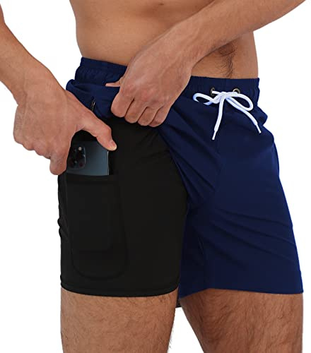 Arcweg Men's Swim Trunks Shorts with Compression Liner 2 in 1 Quick Dry Swimming Shorts with Boxer Brief Lined Surfing Stretchy Beach Shorts with Zipper Pockets Navy Blue M(UK)