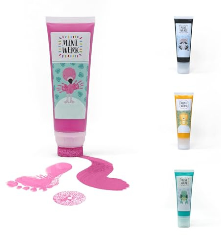 Miniwerk Abdruckfarbe Rosa mit Schwammaufsatz auf Basis natürlicher Rohstoffe, schadstofffrei wie Fingerfarbe - Fußabdruck Baby, Stempel Kinder - Erinnerung Dekoration für Baby- & Kleinkinderzimmer