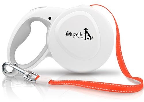 BLUZELLE 8m Guinzaglio per Cani per Cane Taglia Grande Fino a 50 kg, Arancione Neon Brillante Cinghia con Gancio a Scatto a 360° in Metallo, Freno di Ritrazione, Impugnatura Ergonomica Gommata, Bianco