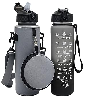 2002 Zeitmarkierte 1L Wasserflasche mit Strohhalm und Neoprenhülle inklusive Tasche I BPA-frei, PP-Material (Grau)