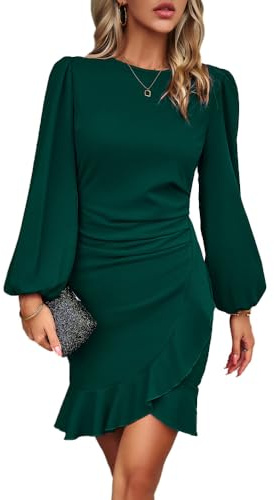 RPAEOY Damen Kleid Elegant Langarm Rüschen Bodycon Puffärmel Kurz Kleider Vintage Formal Dress Bleistiftkleid für Cocktail Abend Büro Sommer Herbst Grün M