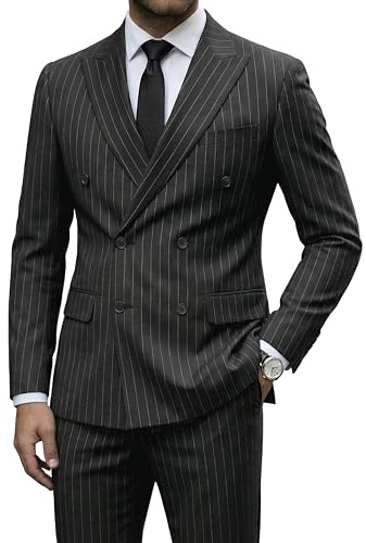 YND Men's 2 Piece Double-Breasted Suit, Slim Fit Stripe Tuxedo Set with Tie, Party Wedding Dress Blazer, Tux and Trousers,