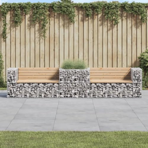Tidyard Gartenbank mit Gabione Sitzbank Parkbank Gartenmöbel Bank Terrassenbank Balkonbank Außenbank Massivholz Kiefer (unbehandelt)