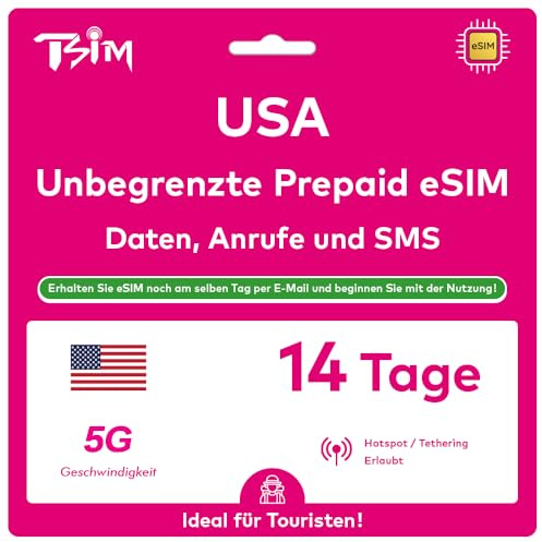 USA eSIM 14 Tage. T-Mobile Netzwerk mit Unbegrenzt Highspeed-Daten, Lokale Anrufe und SMS in den USA (Hawaii Inklusive). Erhalte eSIM Am Selben Tag per E-Mail und Beginne Sofort mit der Nutzung!