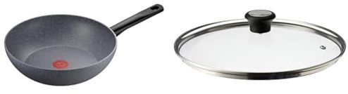 TEFAL Natural On Poêle Wok 28 cm, Induction, Revêtement antiadhésif, Cuisson saine et sûre, Fabriqué en France, Gris G2801902 & 280977 Couvercle en Verre 28 cm avec Anneau