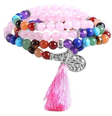DyLyz Boho Mala Wickelarmband Rosenquarz Perlen Lebensbaum Charm Armband Vintage Mehrschichtige Edelstein Quasten Armbänder Kristall Yoga Reiki Armreif Handgelenk Für Frauen Männer