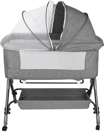HUOLE 3 in 1 Beistellbett & Babywiege & Reisebett, 4-stufig Höhenverstellbares Babybett, neigbar, Kinderbett, Stubenwagen für Babys bis 25kg belastbar-104 * 52 * 100-110cm – Leinengrau