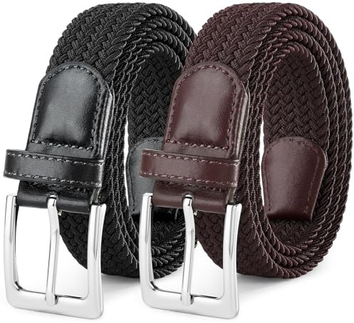 SUOSDEY 2 Pack Elastic Braided Belts for Men Unisex Men Women Stretch Fabric Belt Woven Waist Belts for Jeans Shorts Trousers 1.3 Width