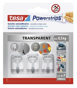 Tesa Powerstrips Litet självhäftande krokar – med avtagbara metallkrokar – återanvändbara väggkrokar för badrum och kök – montering utan borrning – transparent – 3 krokar, 4 Powerstrips