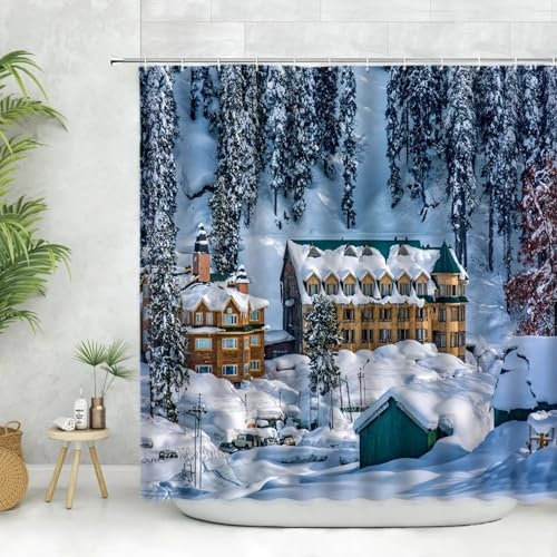 JGGXHM Winter Duschvorhang Wald Holzhaus Weiß Schnee Berglandschaft Wandtuch Dekor Badezimmer Badewanne Hängevorhänge Set 90x185cm/WxH Bad Vorhang