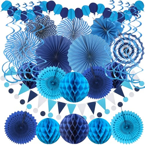 Blue Party Decorations, Easy Assembly Paper Fan Honeycomb Ball Garland Hanging Swirl Navy Blue Party Supplies for Boy Men Graduation Birthday Bridal Shower Baby Shower Party Decorations