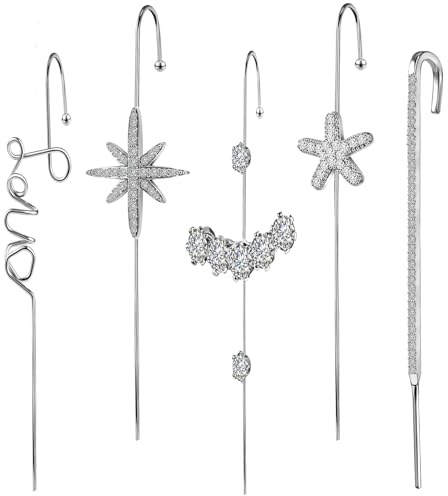 AccGin Trendy Pierced Ear Crawler Earrings for Women Gold & Silver Snowflake Rhinestone Helix Hook Set Fashionista Jewelry with Secure Ear Plug Fixer for Daily & Evening Outfits