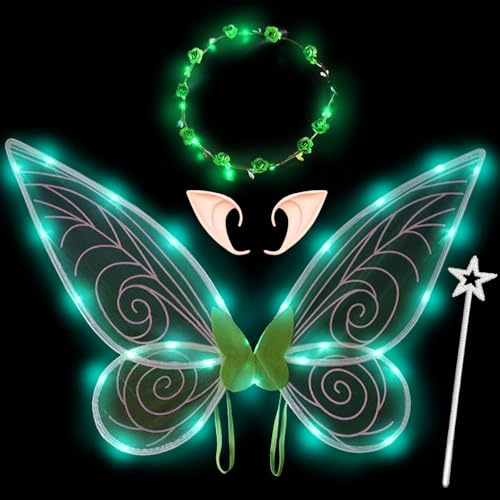 YOUYIKE Feenflügel Leuchtend LED, Fairy Wings Adult & Kinder Costume mit Elfenohren Blumenkranz Sterne Feenstäbe Butterfly Wings Erwachsene Elfen Schmetterlingsflügel Damen Fee Kostüm