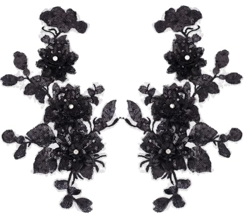 CABODYALS 2 st 2 stilar svart blommig broderi applikation vintage pärlor paljett spets applikationer 3D blomma strass sy på ornament lappar för sömnad tillverkning klänningar festväska jeans skjorta