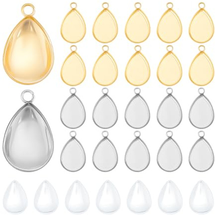 UNICRAFTALE 30Set 2 Farben Tropfen Anhänger Cabochon Rohlinge Edelstahl Anhänger Cabochon Blanke Lünette Anhänger Cabochon Basis Anhänger Cabochon Einstellungen Für Halsketten Schmuckherstellung