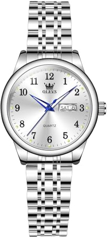 OLEVS Damen Uhr, Klassische wasserdichte Edelstahl Tagesdatum Kleine Armbanduhr Damen, Eleganze Rundes Zifferblatt Analog Quarz Leuchtende Damenuhr