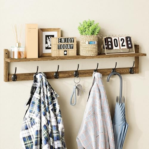 BAMEOS Wall-Mounted Coat Rack - 89cm Large Wooden Hooks with Shelf, 7 Dual Metal Hooks, Entryway Shelf for Bathroom, Kitchen, Living Room, Bedroom (Brown)