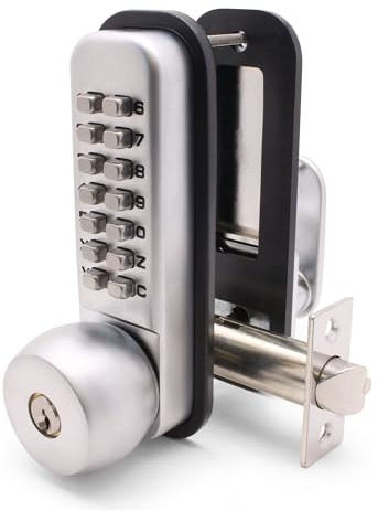EAI Digital Code Door Lock with Key Overide | Satin Chrome Push Button Mechanical Digital Codelock with Hold Back Function | for Internal & External Use