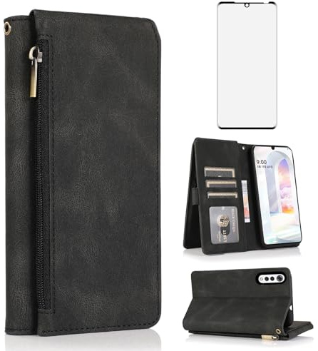 Asuwish Handyhülle für LG Velvet 5G/4G Hülle mit Band Folie Schutzfolie Kartenfach Klappbar Leder Geldbörse Ständer LMG910EMW LM-G910EMW Handy Hüllen Schutzhülle Reißverschluss Phone Case Schwarz