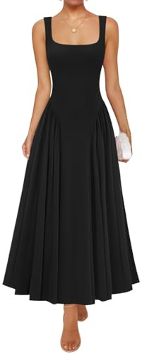 ZESICA Womens 2026 Summer Sleeveless Square Neck Sundress Casual Long Flowy A Line Beach Vacation Maxi Dresses,Black,Medium