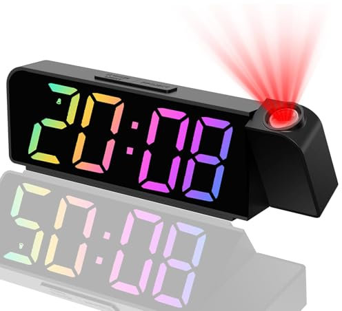 AONAT Projektionswecker für Schlafzimmer, 180° Digitaler Projektionswecker, Projektion Uhr mit Temperatur, Projektionsuhr mit LED Bildschirm, Schwarz