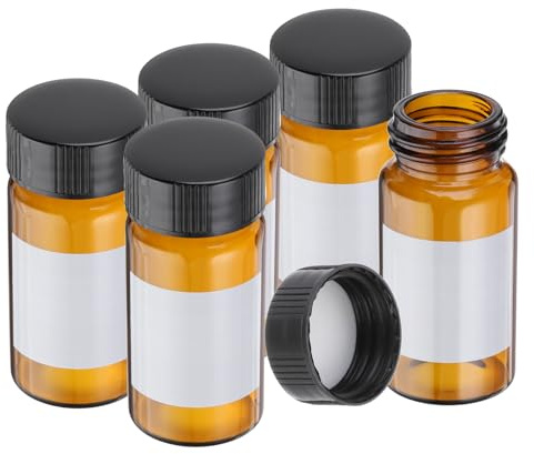 PATIKIL Small Glass Sample Bottles with Lids, 5 Pcs 20ml Amber Glass Vials with Black Screw Caps Mini Leak Proof Reagent Sealed Bottles with Writing Label for Solid Liquid Powder Storage