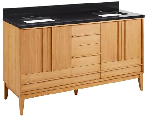 Signature Hardware 955208-60-RUMB-6 Sybill 60 Freestanding Teak Double Basin Vanity Set with Cabinet, Vanity Top, and Rectangular Porcelain Sink - 8 Faucet Holes - Natural Teak/Carbon Black