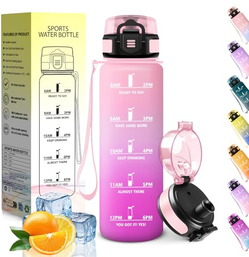HoneyHolly Botella Agua, 500ML, A Prueba de Fugas Cantimplora, Libre de BPA Botella Agua para Niños, con Marcador de Tiempo, Cantimplora para Correr, Andar en Bicicleta, Trabajar, Ir a La Escuela